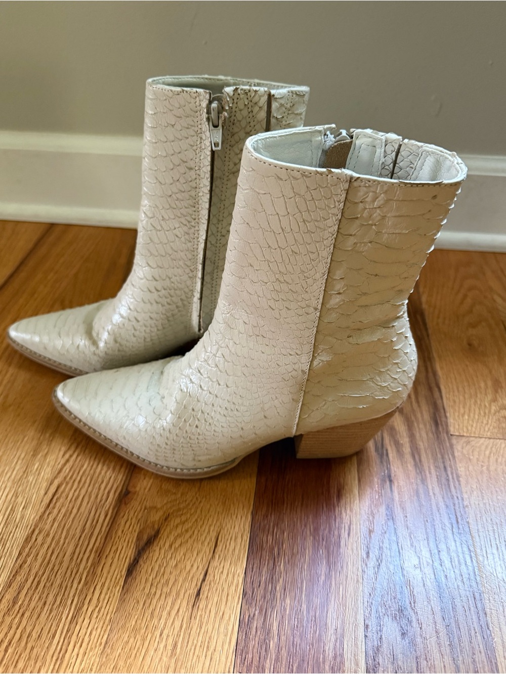 Matisse Cream Snake-Embossed Pointed Ankle Boots